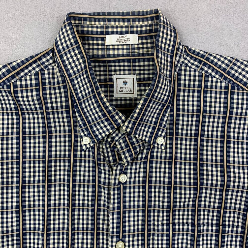 Peter Millar Mens Shirt Large Blue Gold Plaid Button Up Long Sleeve Windowpane - Picture 2 of 7